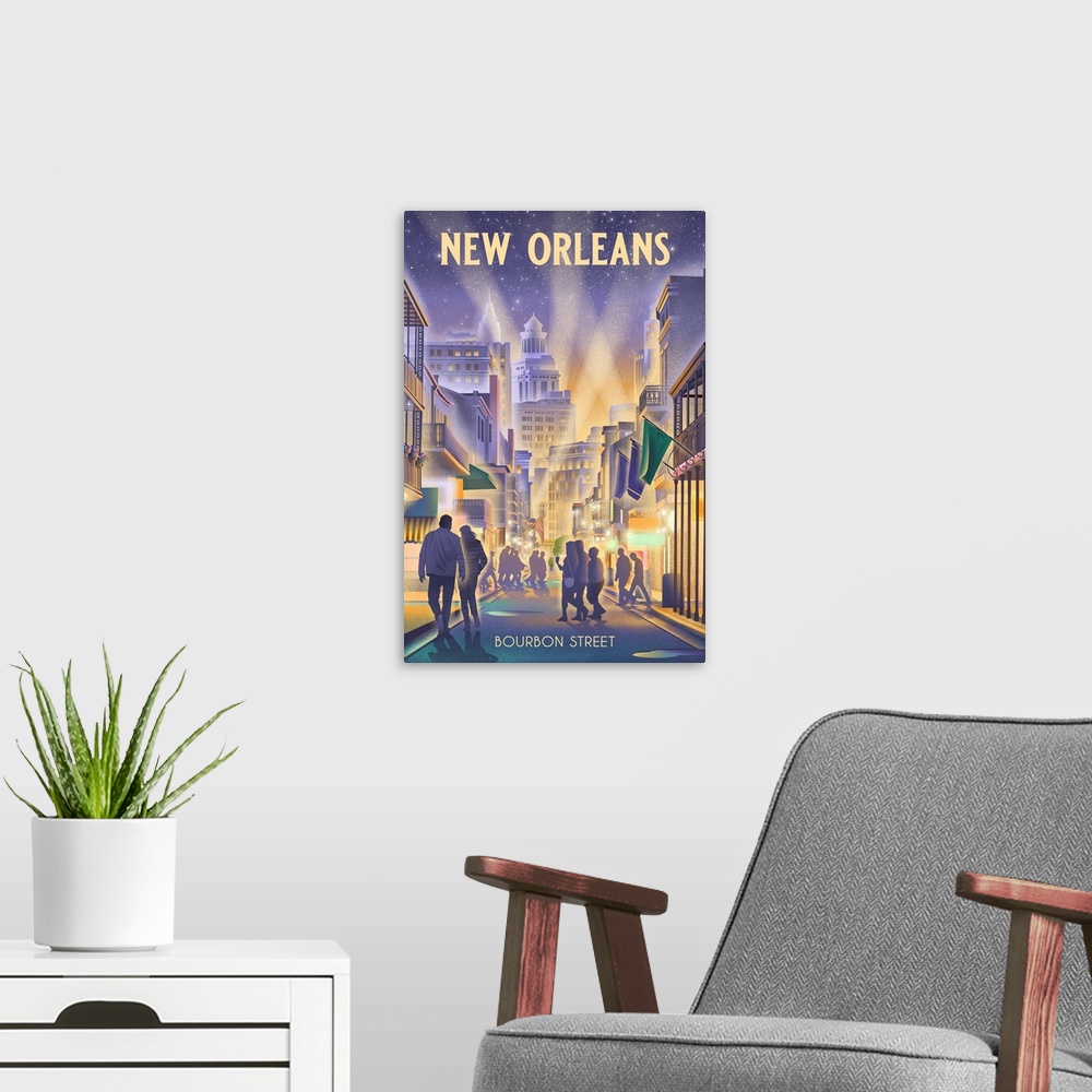 A modern room featuring New Orleans, Louisiana - Lithograph - City Series - Bourbon Street