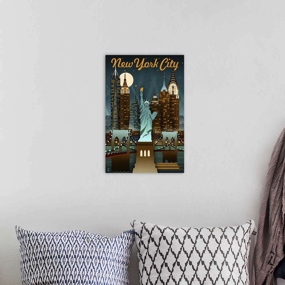 A bohemian room featuring New York City, New York - Retro Skyine: Retro Travel Poster