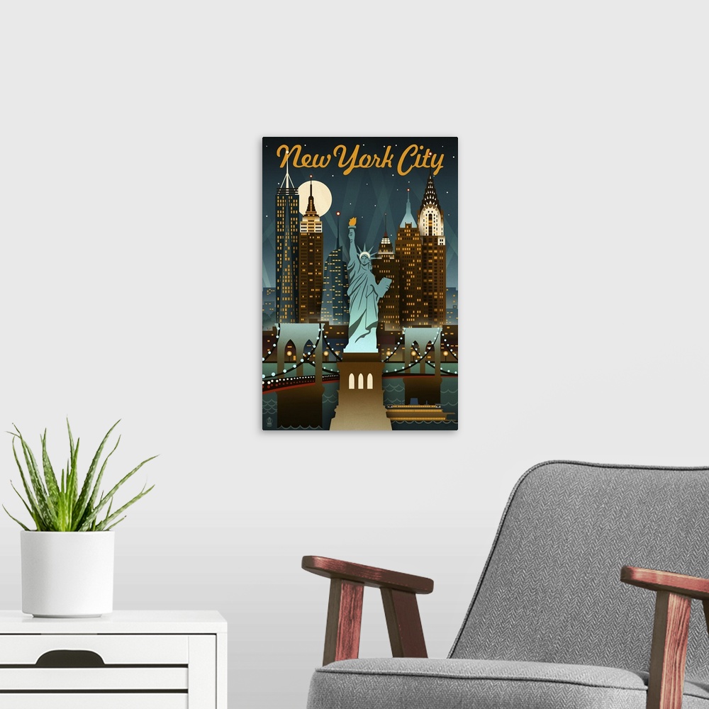 A modern room featuring New York City, New York - Retro Skyine: Retro Travel Poster