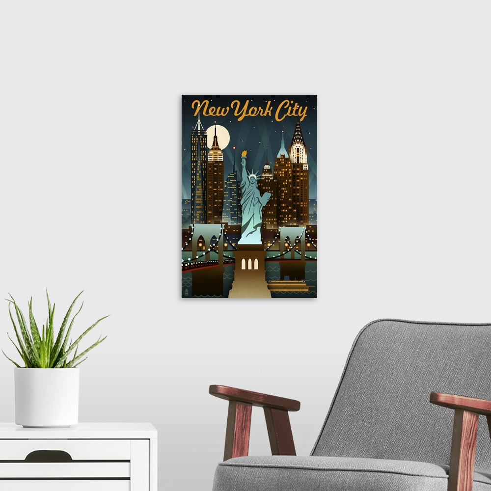 A modern room featuring New York City, New York, Retro Skyline