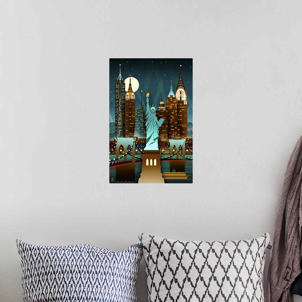A bohemian room featuring New York City, New York, Retro Skyline
