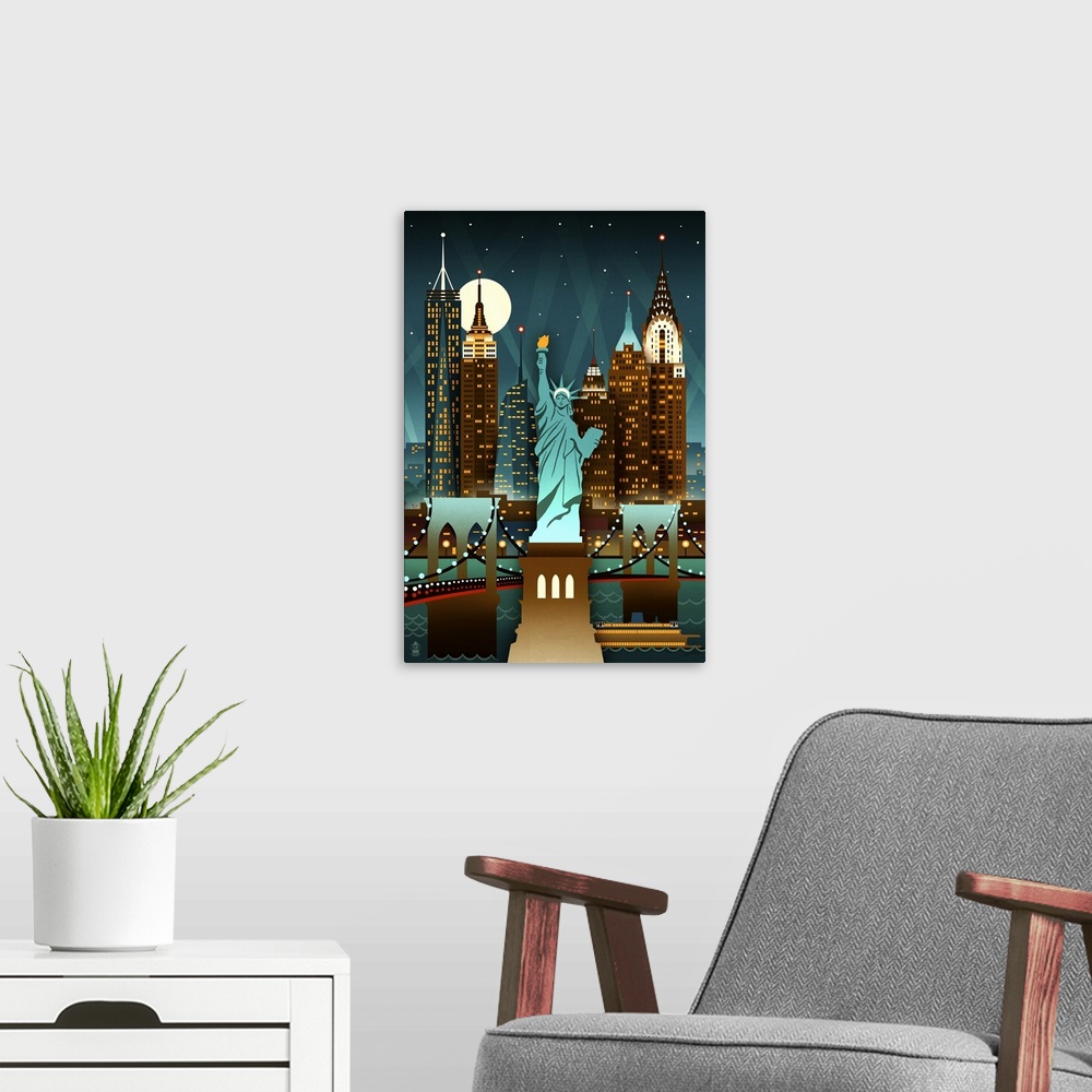 A modern room featuring New York City, New York, Retro Skyline