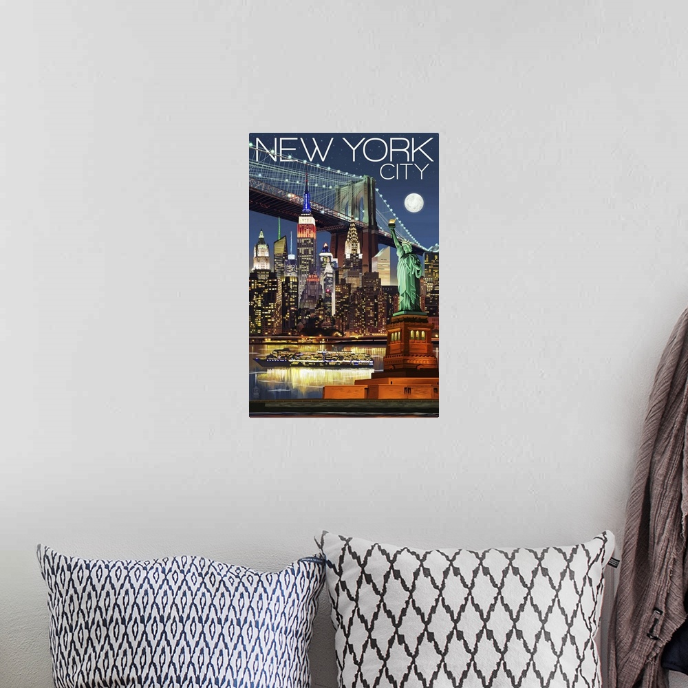 A bohemian room featuring New York City, NY - Skyline at Night: Retro Travel Poster