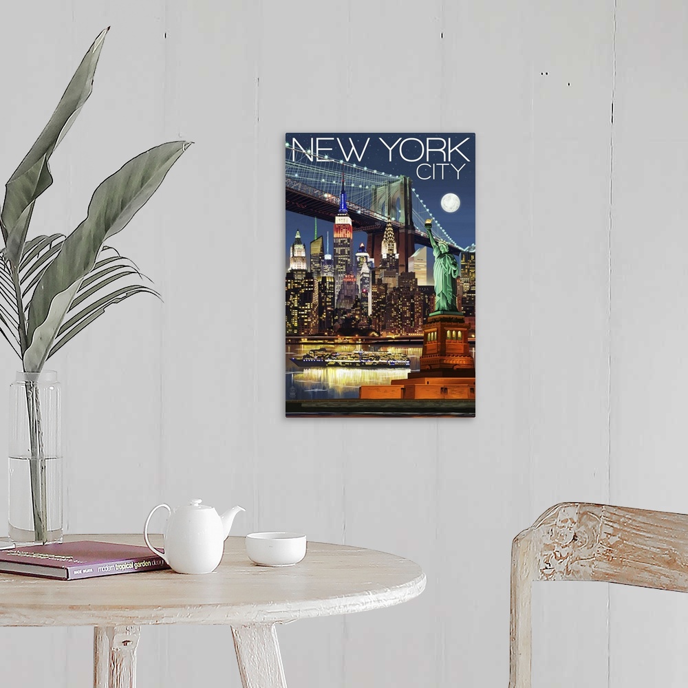 A farmhouse room featuring New York City, NY - Skyline at Night: Retro Travel Poster