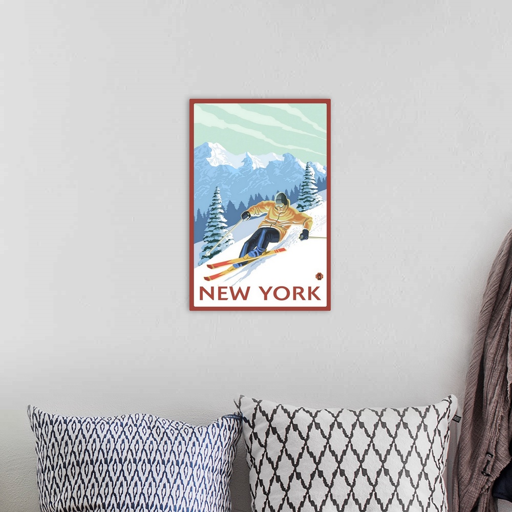 A bohemian room featuring New York - Downhill Skier Scene: Retro Travel Poster