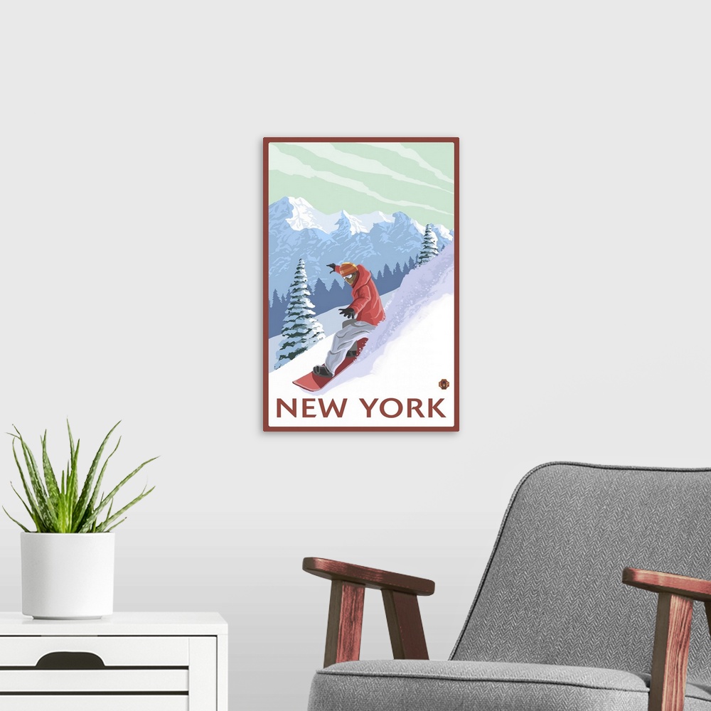 A modern room featuring New York - Snowboarder Scene: Retro Travel Poster