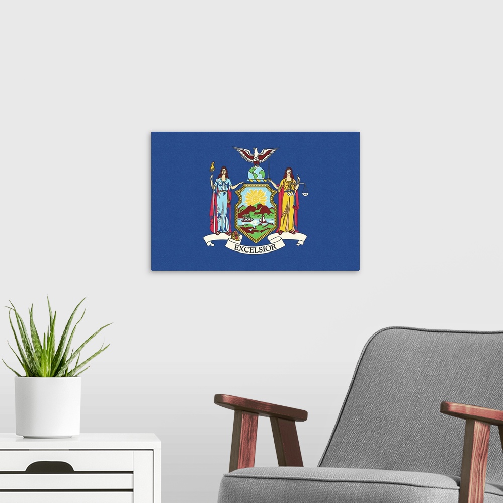 A modern room featuring New York State Flag