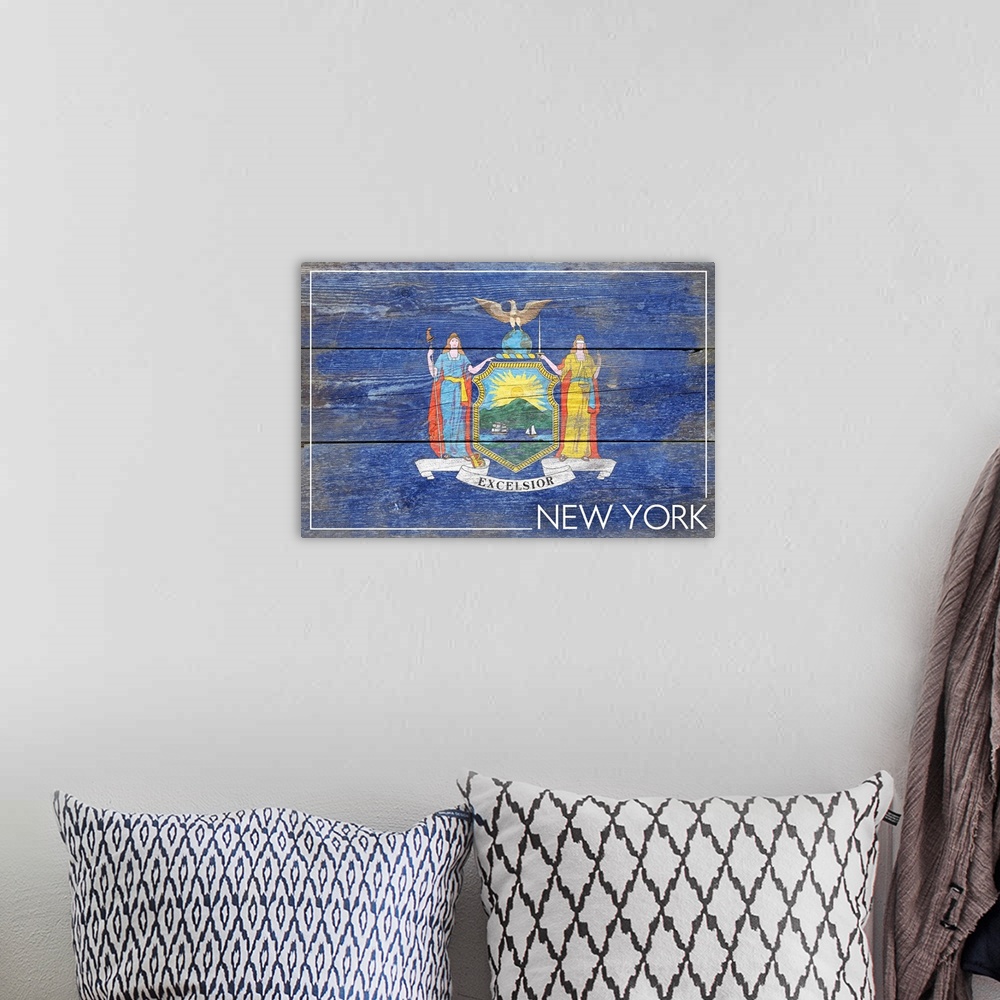 A bohemian room featuring The flag of New York with a weathered wooden board effect.