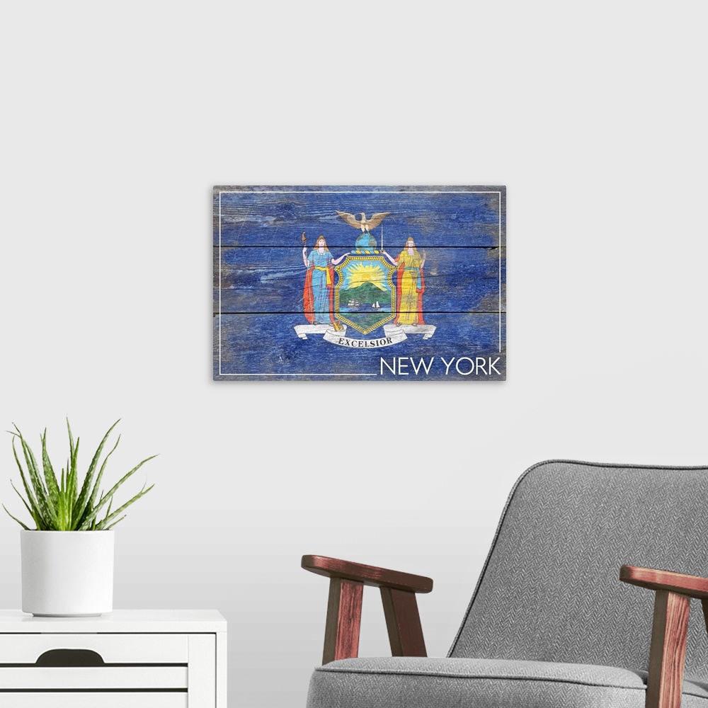 A modern room featuring The flag of New York with a weathered wooden board effect.