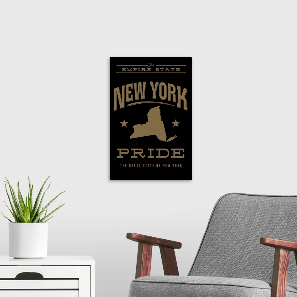 A modern room featuring The New York state outline on black with gold text.