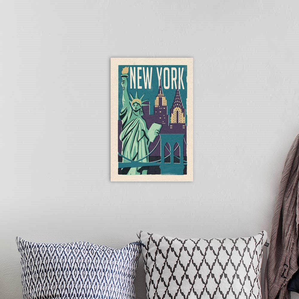 A bohemian room featuring New York -  Woodblock: Retro Travel Poster