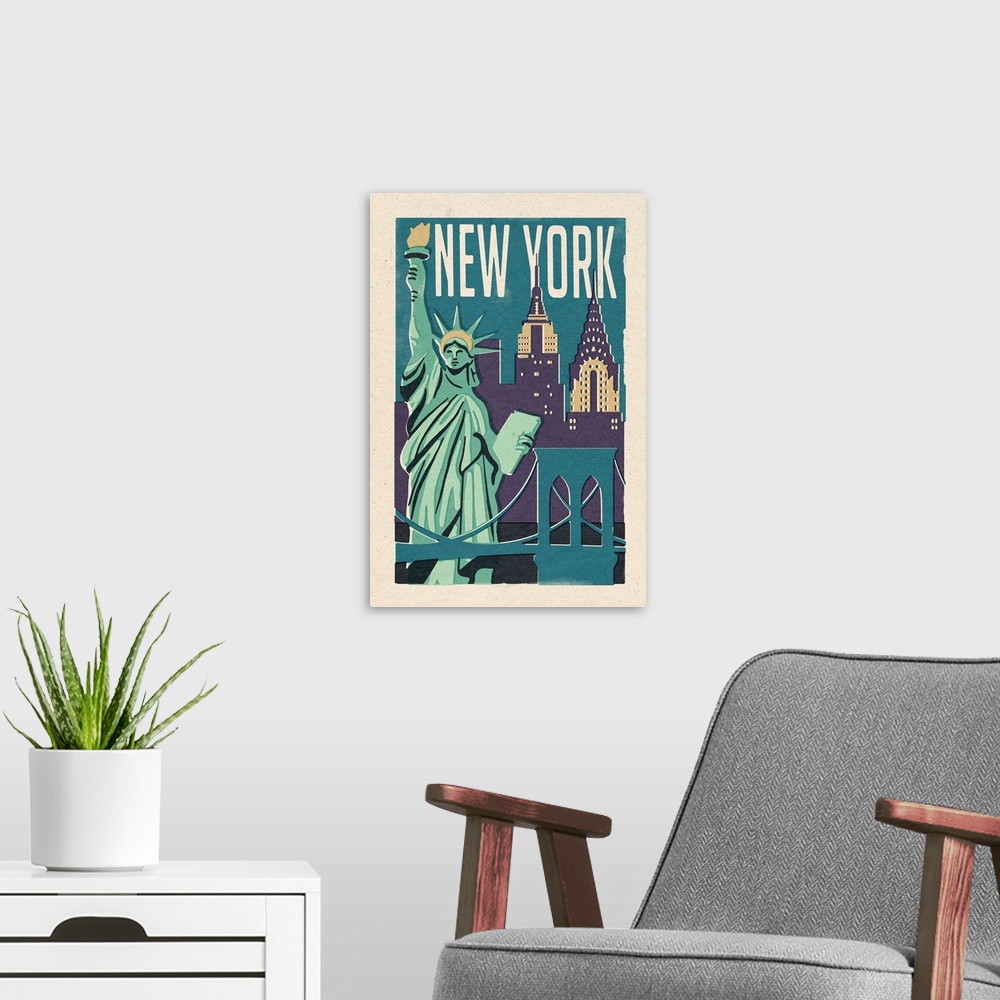 A modern room featuring New York -  Woodblock: Retro Travel Poster