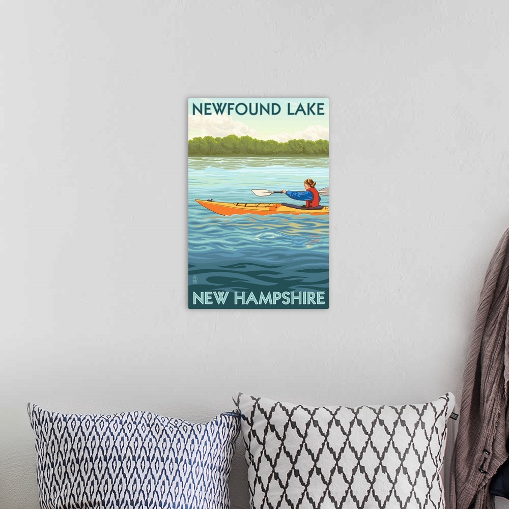 A bohemian room featuring Newfound Lake, New Hampshire - Kayak Scene: Retro Travel Poster