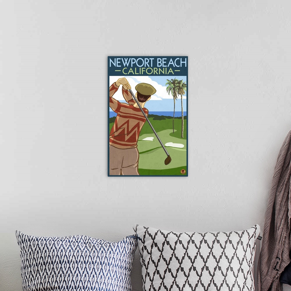 A bohemian room featuring Newport Beach, California - Golfer: Retro Travel Poster
