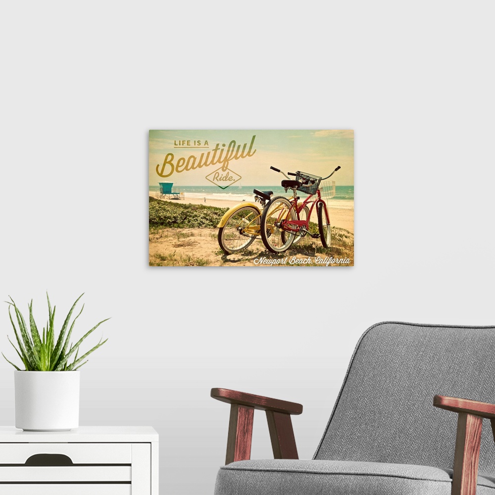 A modern room featuring Newport Beach, California, Life is a Beautiful Ride, Bicycles and Beach Scene