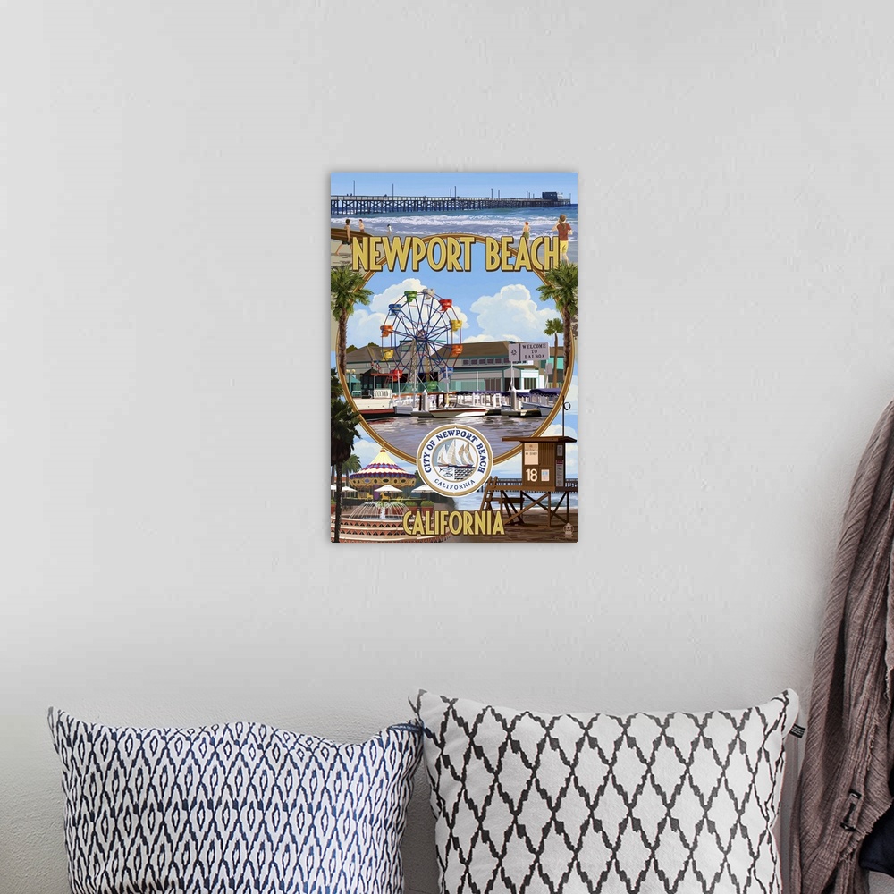 A bohemian room featuring Newport Beach, California - Newport Beach Montage: Retro Travel Poster