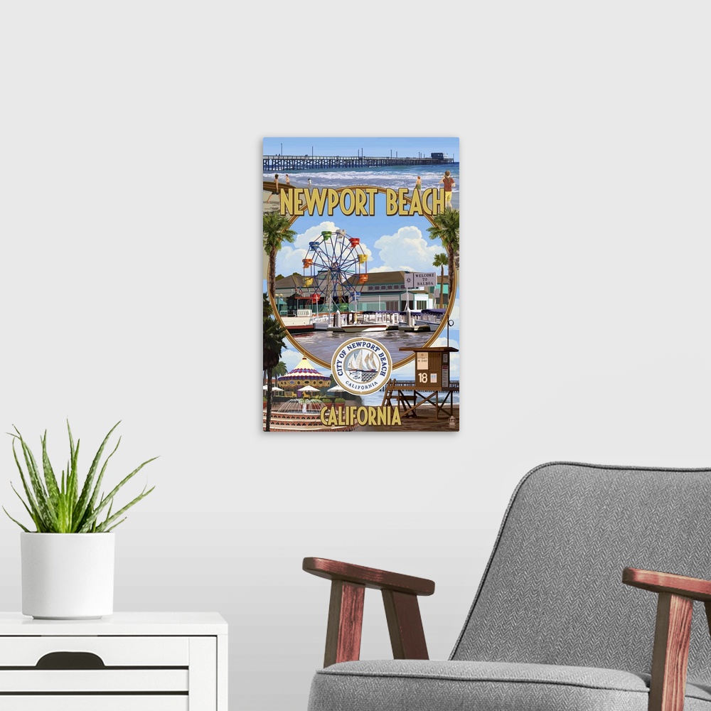 A modern room featuring Newport Beach, California - Newport Beach Montage: Retro Travel Poster