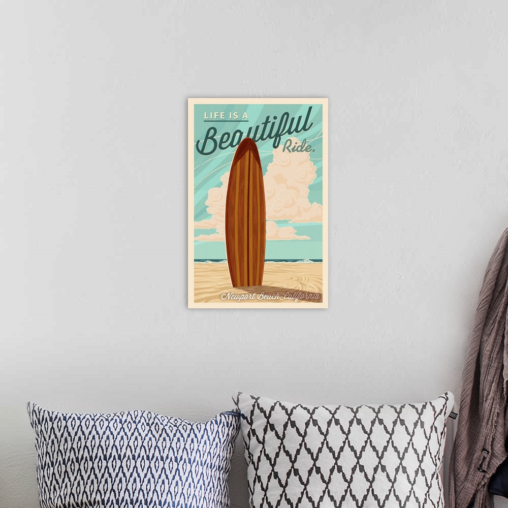 A bohemian room featuring Newport Beach, California, Surf Board Letterpress, Life is a Beautiful Ride