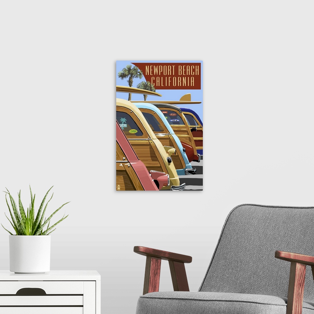 A modern room featuring Newport Beach, California - Woodies Lined Up: Retro Travel Poster