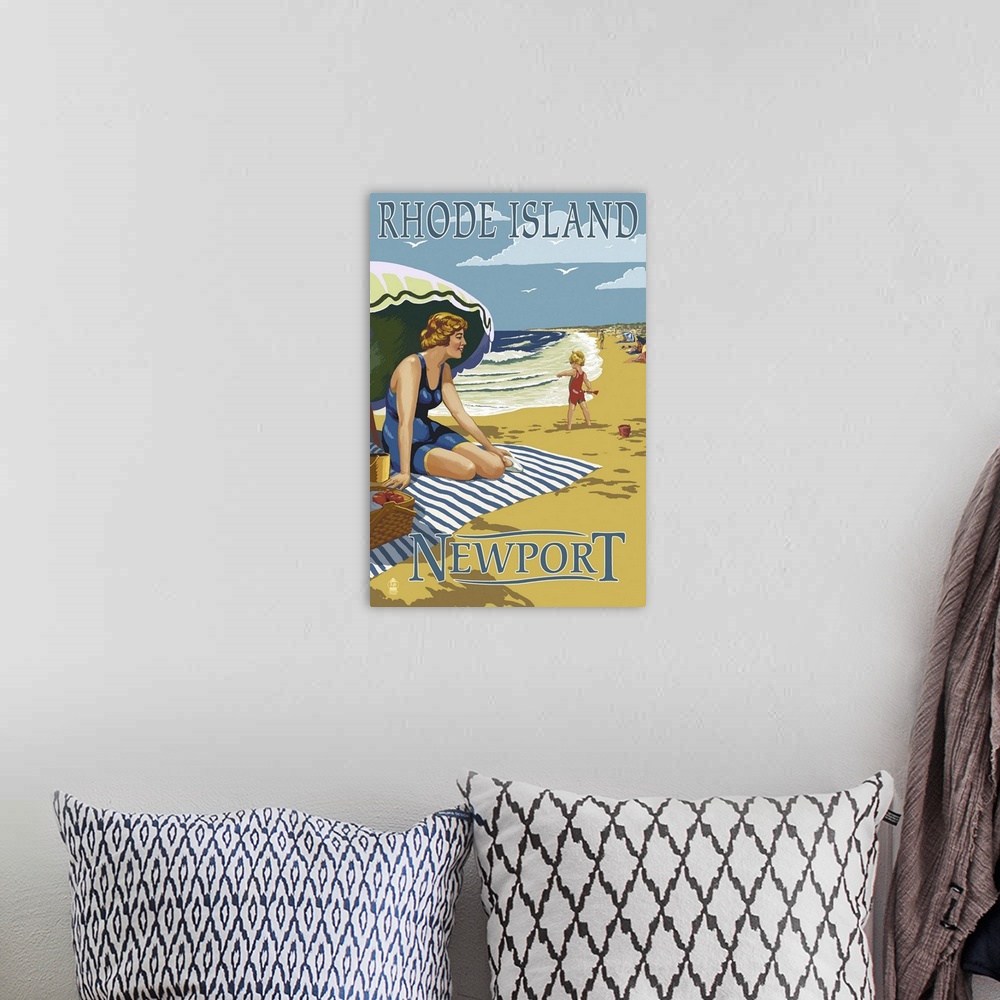 A bohemian room featuring Newport, Rhode Island - Beach Scene: Retro Travel Poster