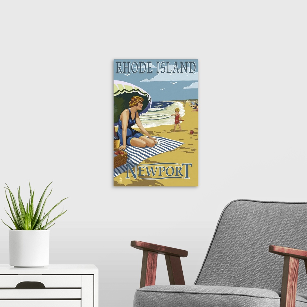 A modern room featuring Newport, Rhode Island - Beach Scene: Retro Travel Poster