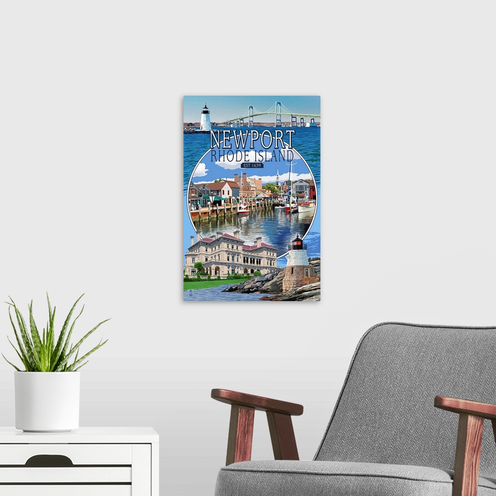 A modern room featuring Newport, Rhode Island - Montage Scenes: Retro Travel Poster