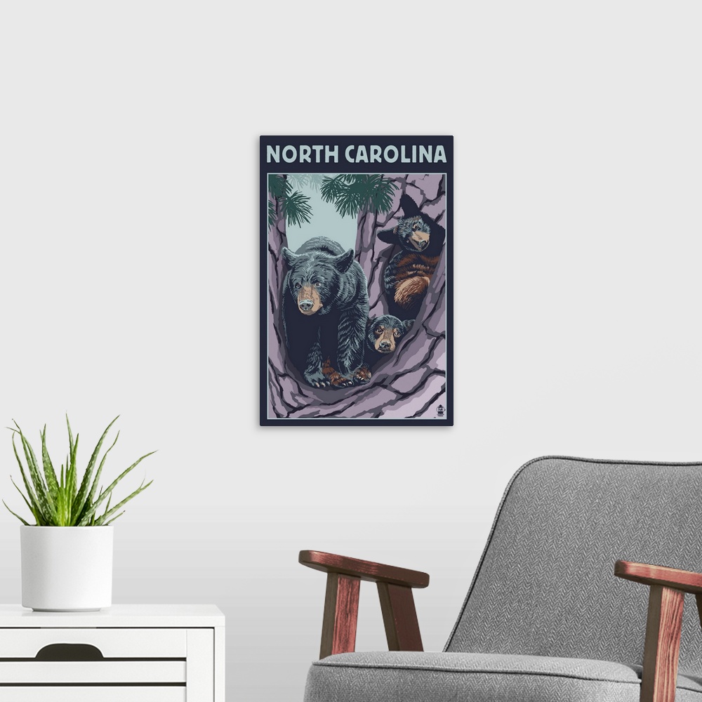 A modern room featuring Retro stylized art poster of a black bear mother with her two cubs in a tree.