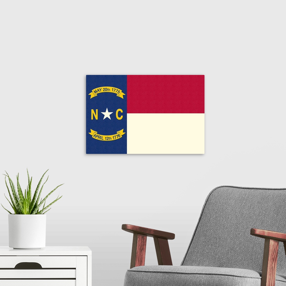 A modern room featuring North Carolina State Flag