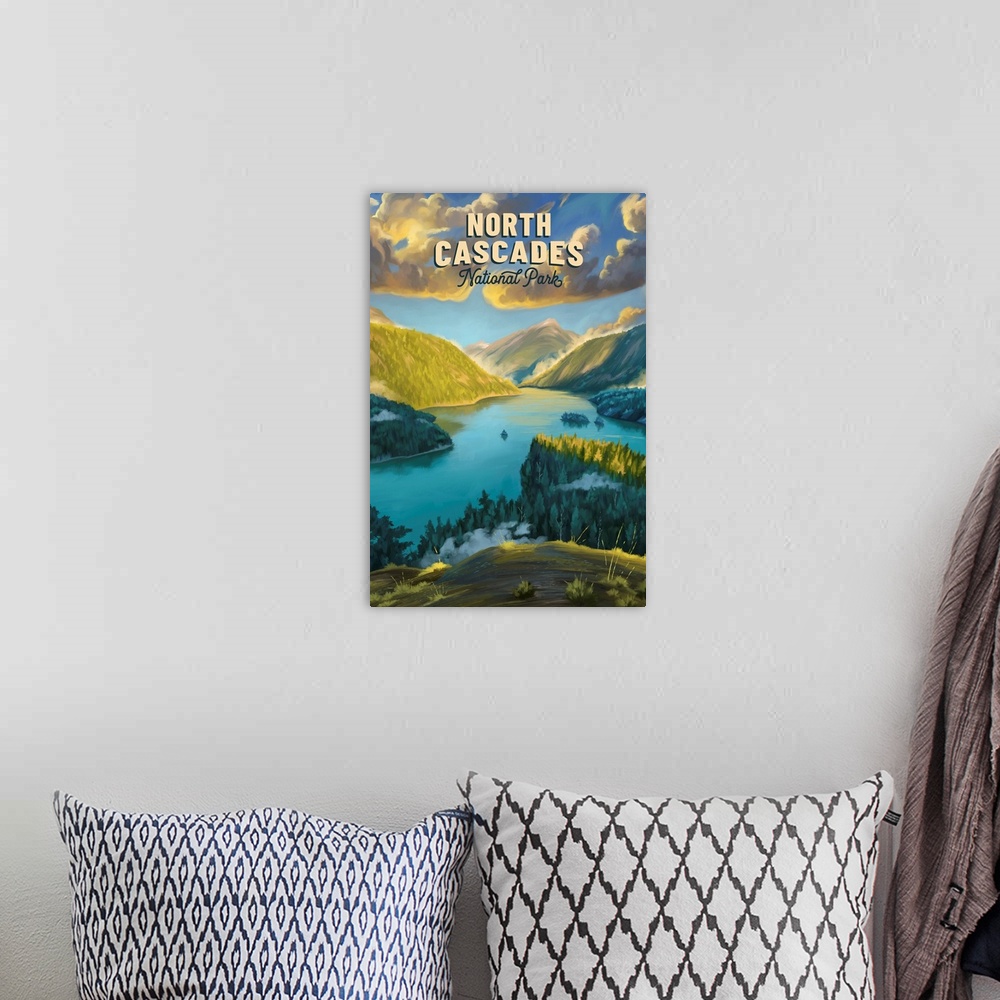 A bohemian room featuring North Cascades National Park, Diablo Lake: Retro Travel Poster