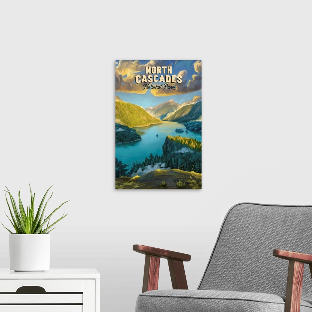 A modern room featuring North Cascades National Park, Diablo Lake: Retro Travel Poster