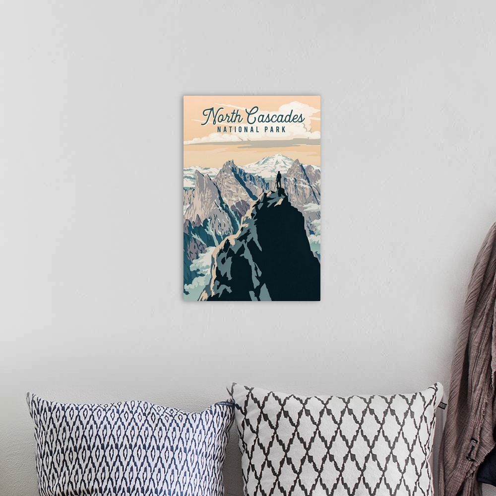 A bohemian room featuring North Cascades National Park, Hiking On Mountaintop: Retro Travel Poster