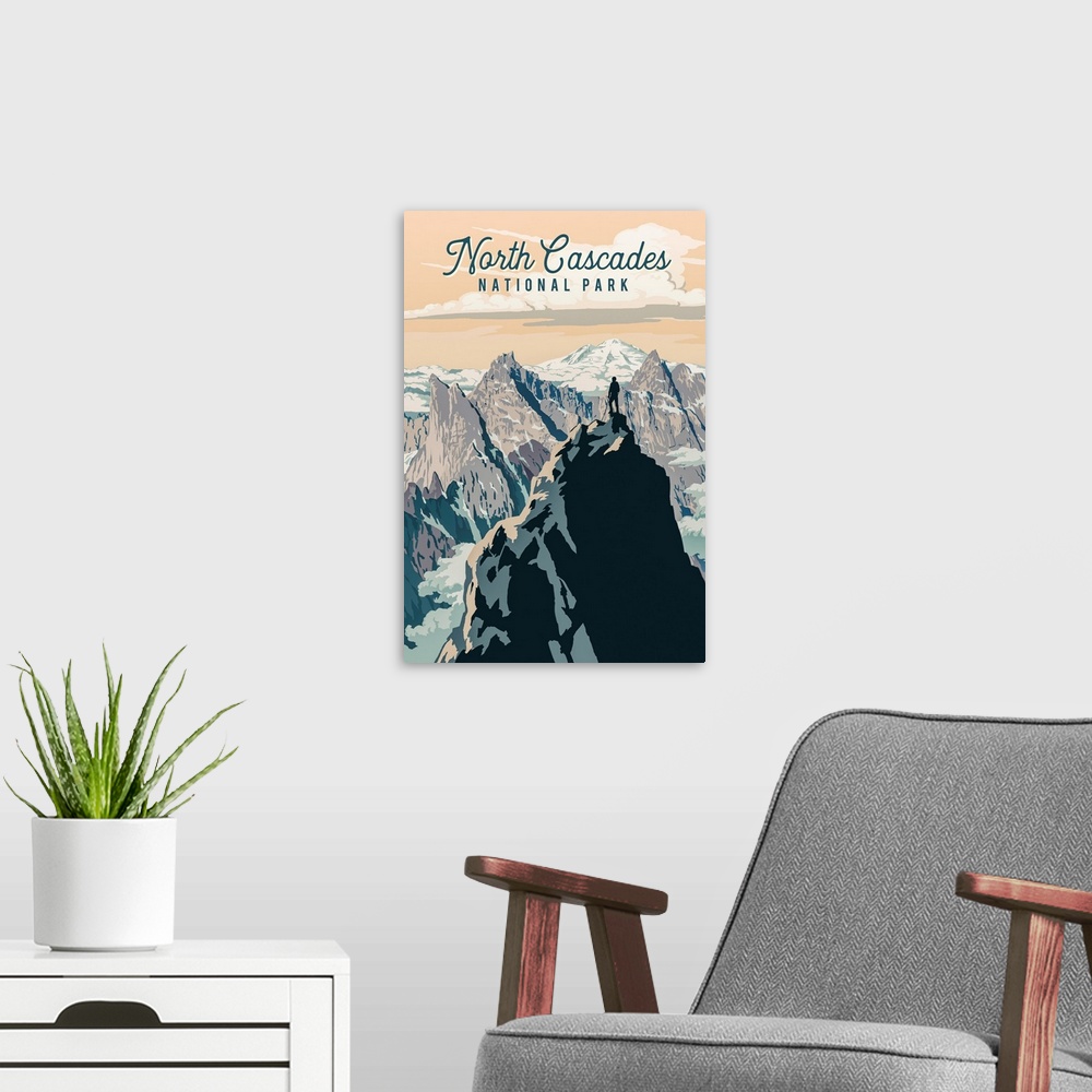 A modern room featuring North Cascades National Park, Hiking On Mountaintop: Retro Travel Poster