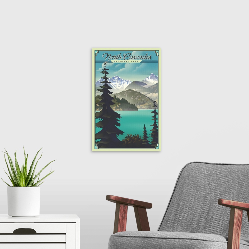 A modern room featuring North Cascades National Park, Natural Landscape: Retro Travel Poster