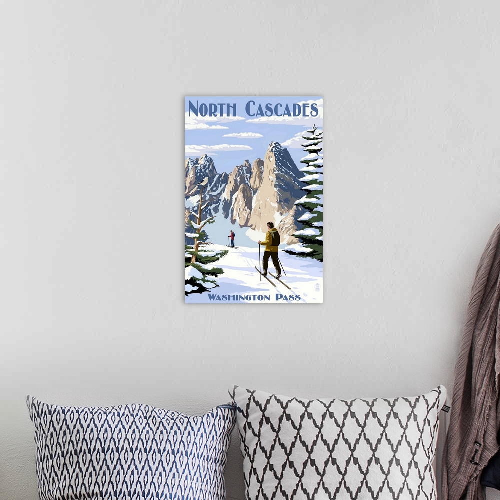 A bohemian room featuring North Cascades, Washington - Cross Country Skiing: Retro Travel Poster