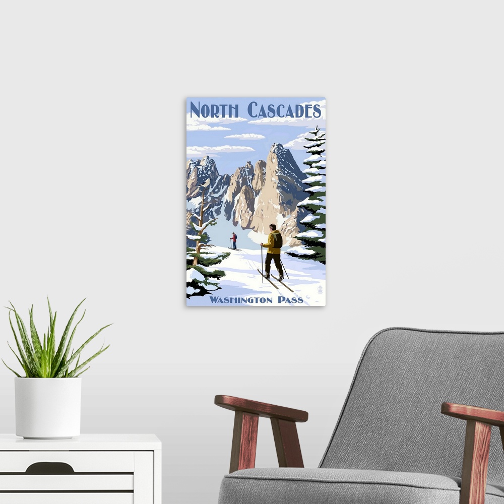 A modern room featuring North Cascades, Washington - Cross Country Skiing: Retro Travel Poster