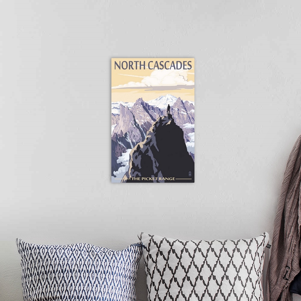 A bohemian room featuring North Cascades, Washington - Mountain Peaks: Retro Travel Poster