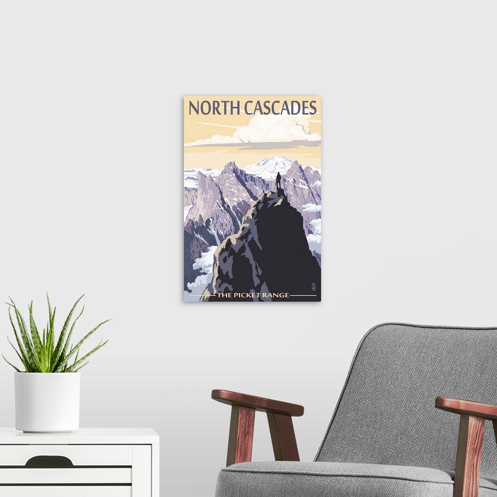 A modern room featuring North Cascades, Washington - Mountain Peaks: Retro Travel Poster