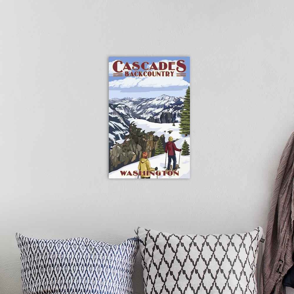 A bohemian room featuring North Cascades, Washington - Showshoer Scene: Retro Travel Poster