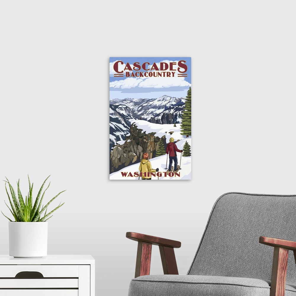 A modern room featuring North Cascades, Washington - Showshoer Scene: Retro Travel Poster