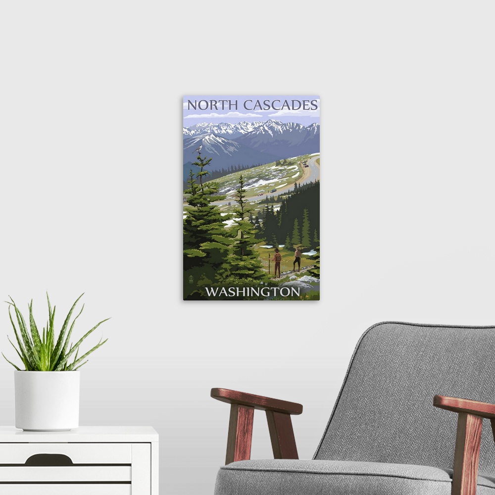 A modern room featuring North Cascades, Washington - Trail Scene: Retro Travel Poster