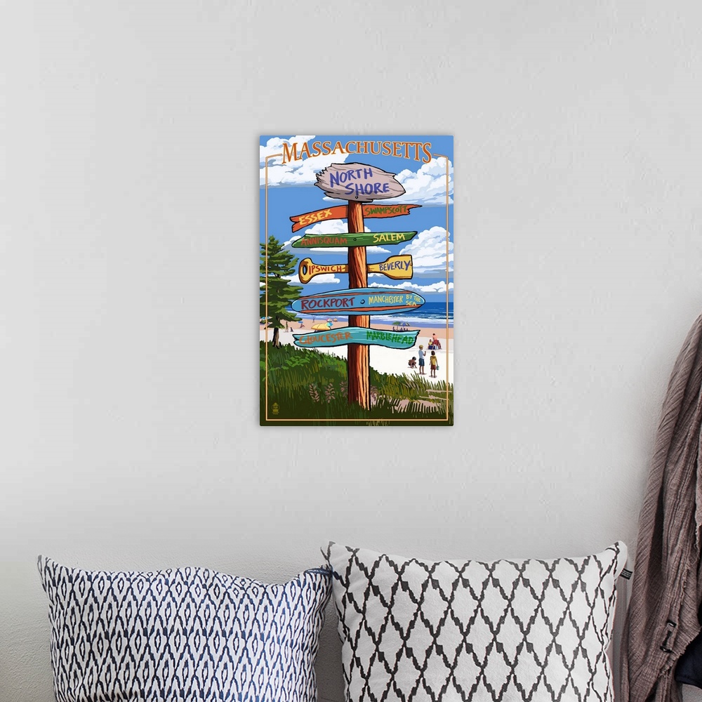 A bohemian room featuring Retro stylized art poster of a sign post showing signs for multiple directions.