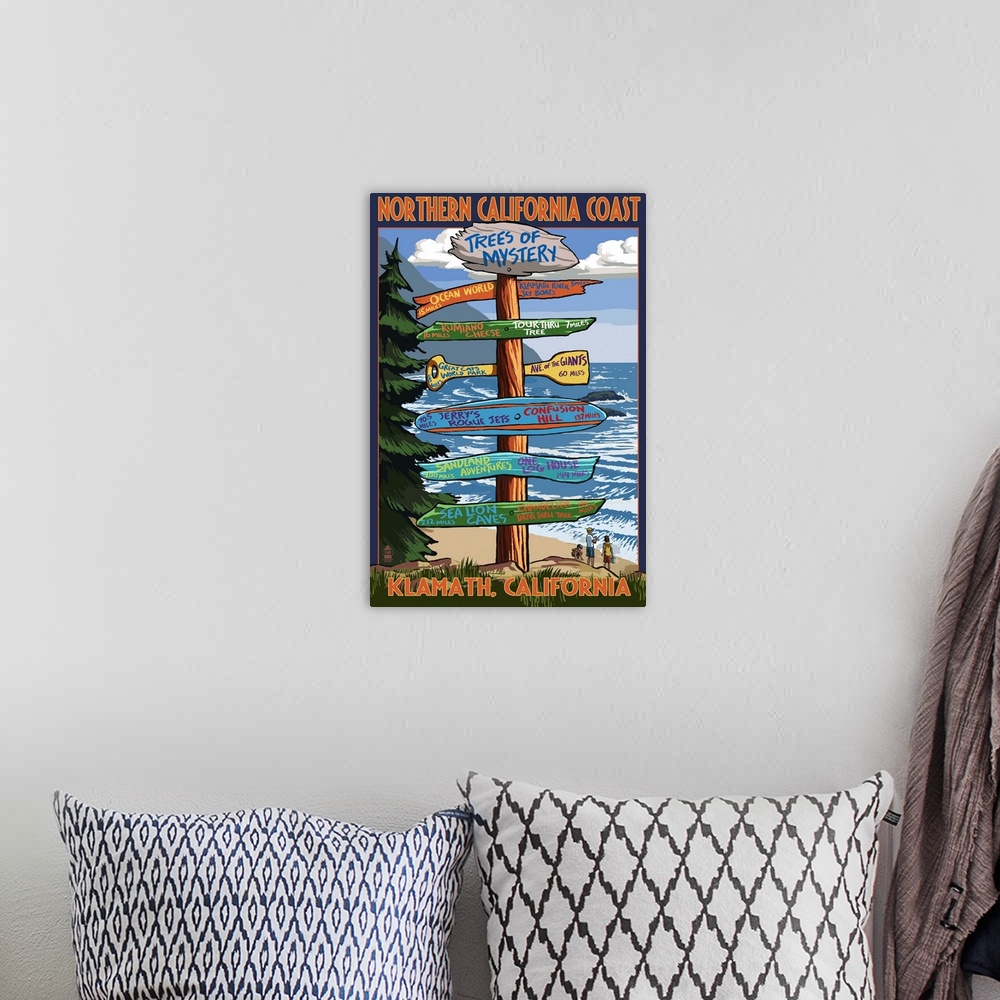 A bohemian room featuring Northern California Coast - Destination Sign: Retro Travel Poster