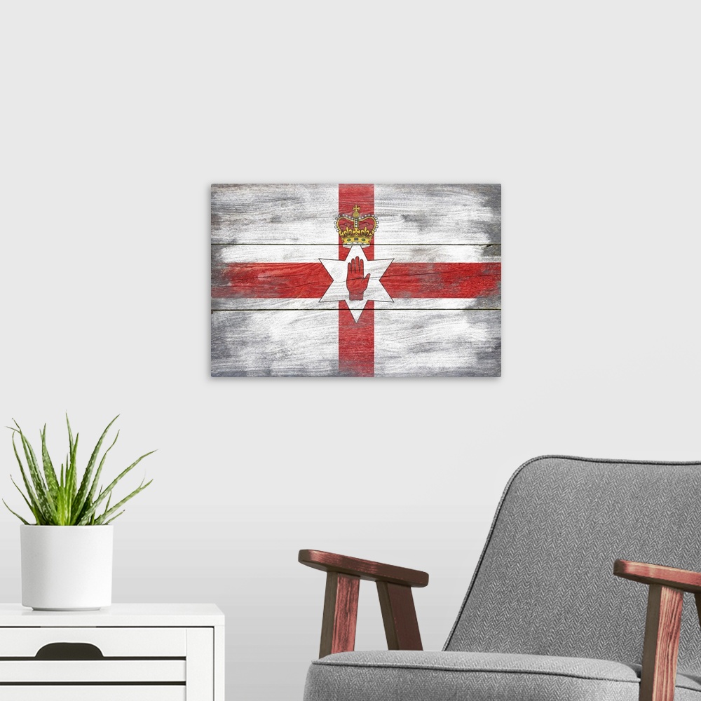 A modern room featuring The flag of Northern Ireland with a weathered wooden board effect.