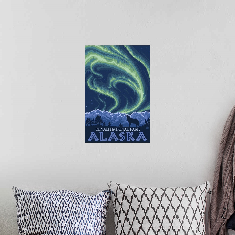 A bohemian room featuring Northern Lights - Denali National Park, Alaska: Retro Travel Poster