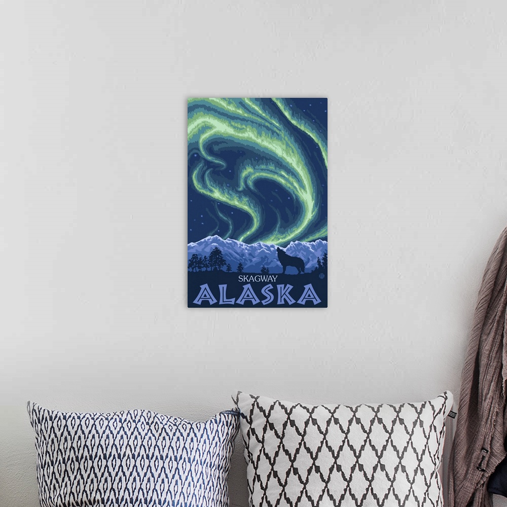 A bohemian room featuring Northern Lights - Skagway, Alaska: Retro Travel Poster