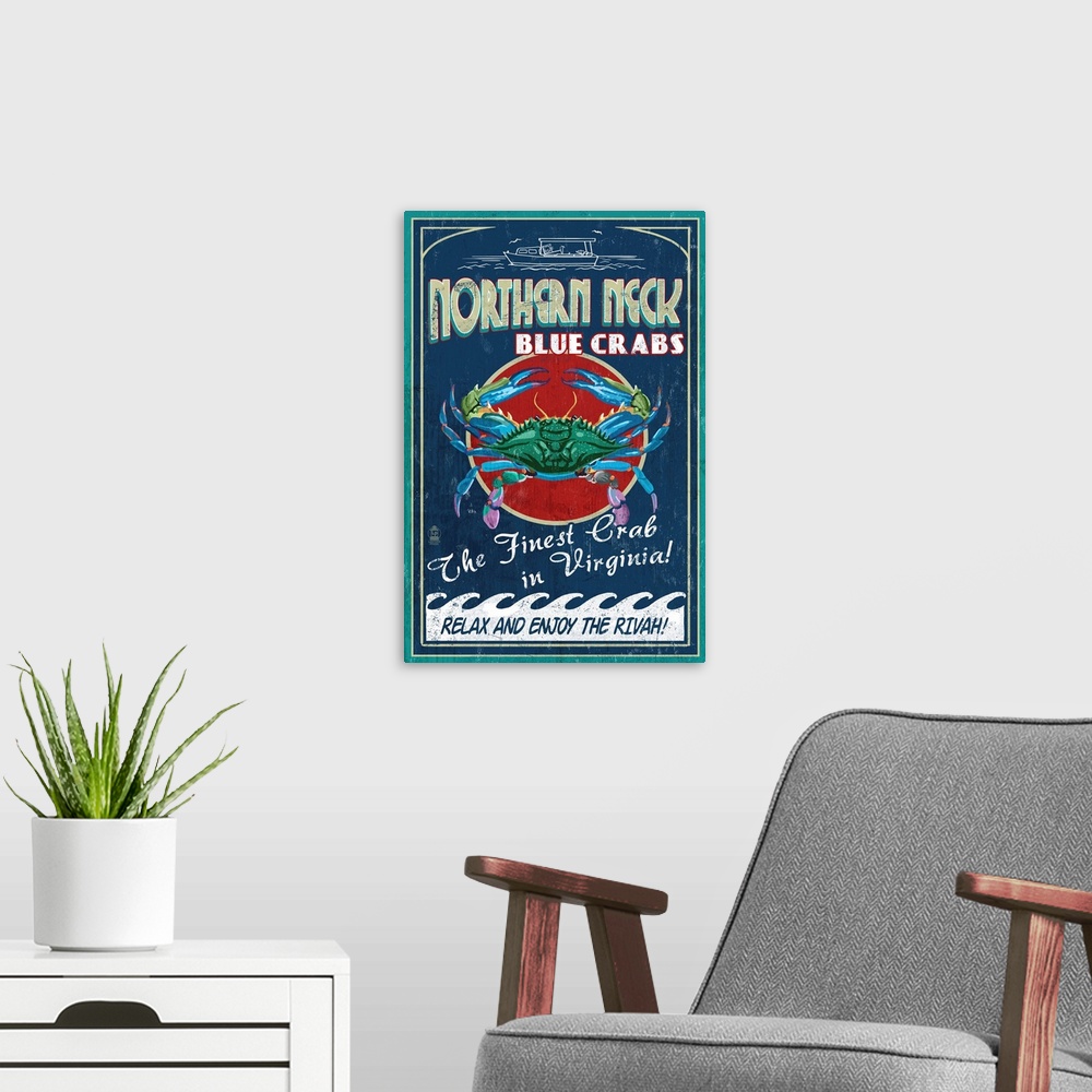 A modern room featuring Northern Neck, Virginia, Blue Crab Vintage Sign