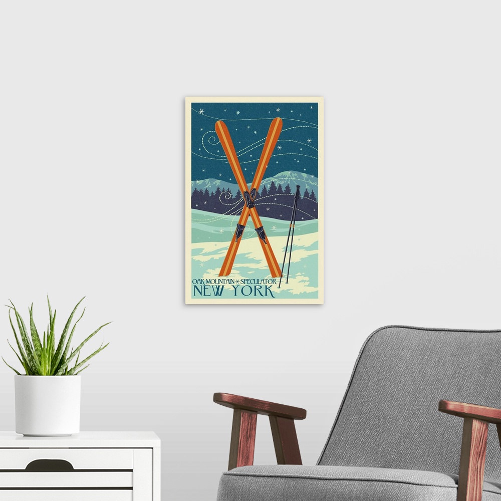 A modern room featuring Oak Mountain - Speculator, New York - Crossed Skis - Letterpress: Retro Travel Poster