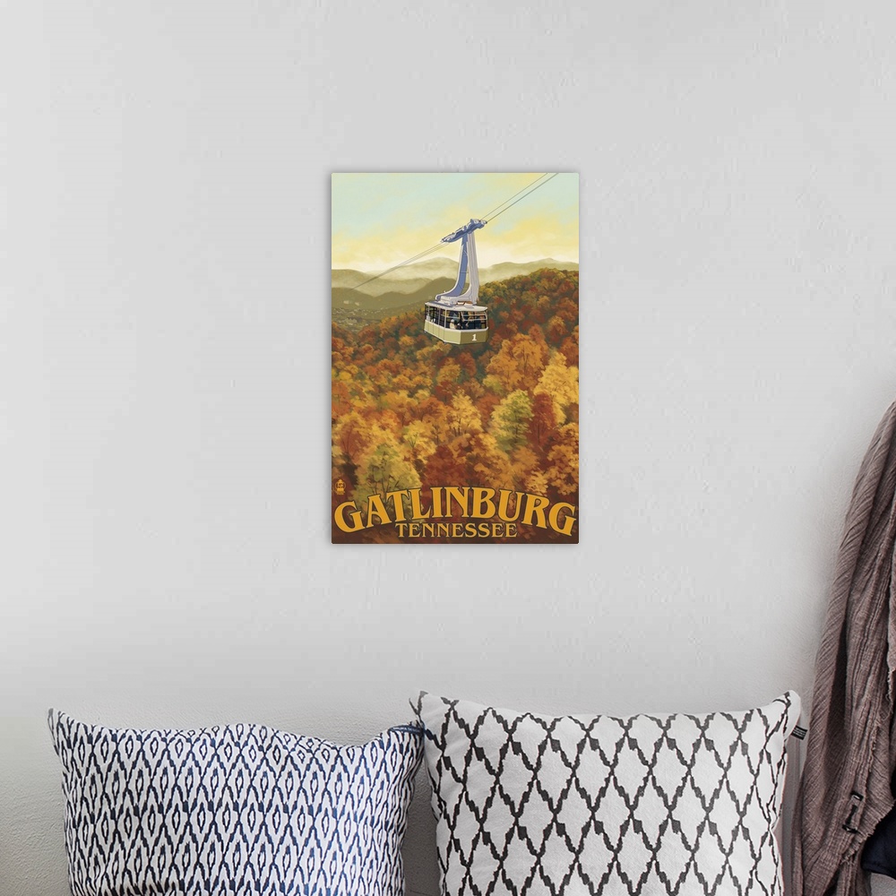 A bohemian room featuring Ober Gatlinburg Aerial Tram- Lantern Press Original Poster: Retro Travel Poster