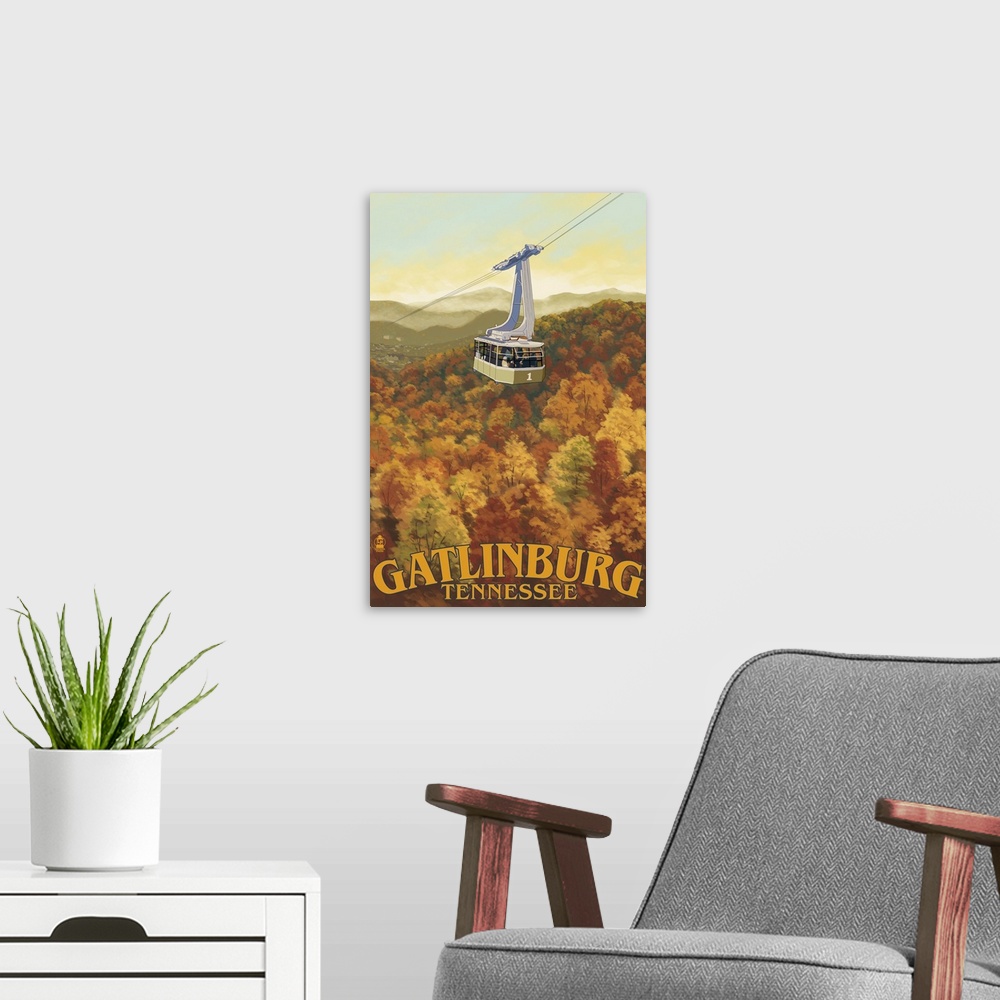 A modern room featuring Ober Gatlinburg Aerial Tram- Lantern Press Original Poster: Retro Travel Poster