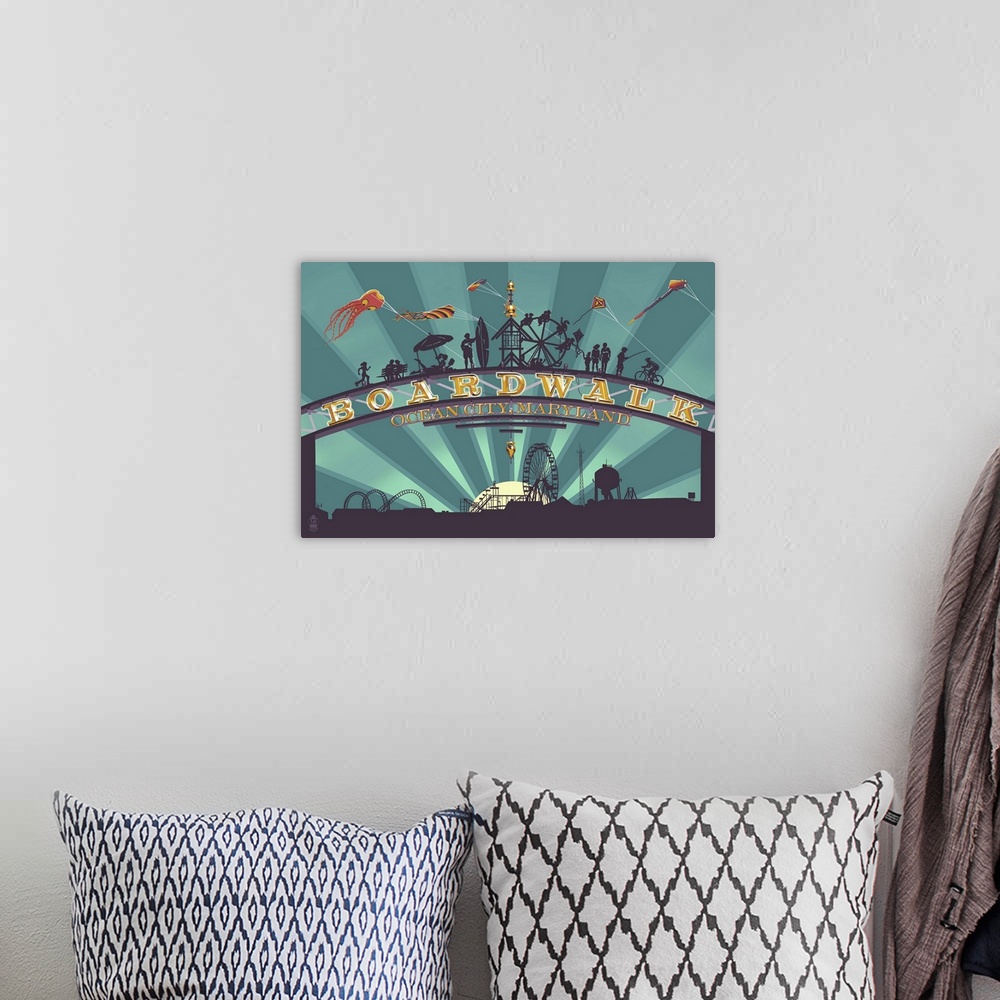 A bohemian room featuring Ocean City, Maryland - Boardwalk Sign: Retro Travel Poster